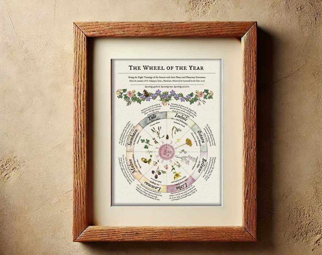 Hedegrow and Moor wheel of the year illustration art print in a wooden Fram