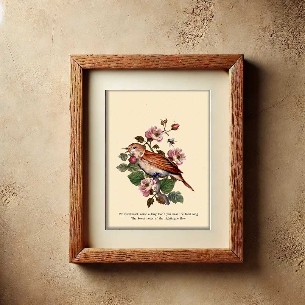 A framed vintage-style bird print hangs on a textured beige wall. The artwork shows a small brown bird perched among pink flowers and green leaves, with a short poem printed below.