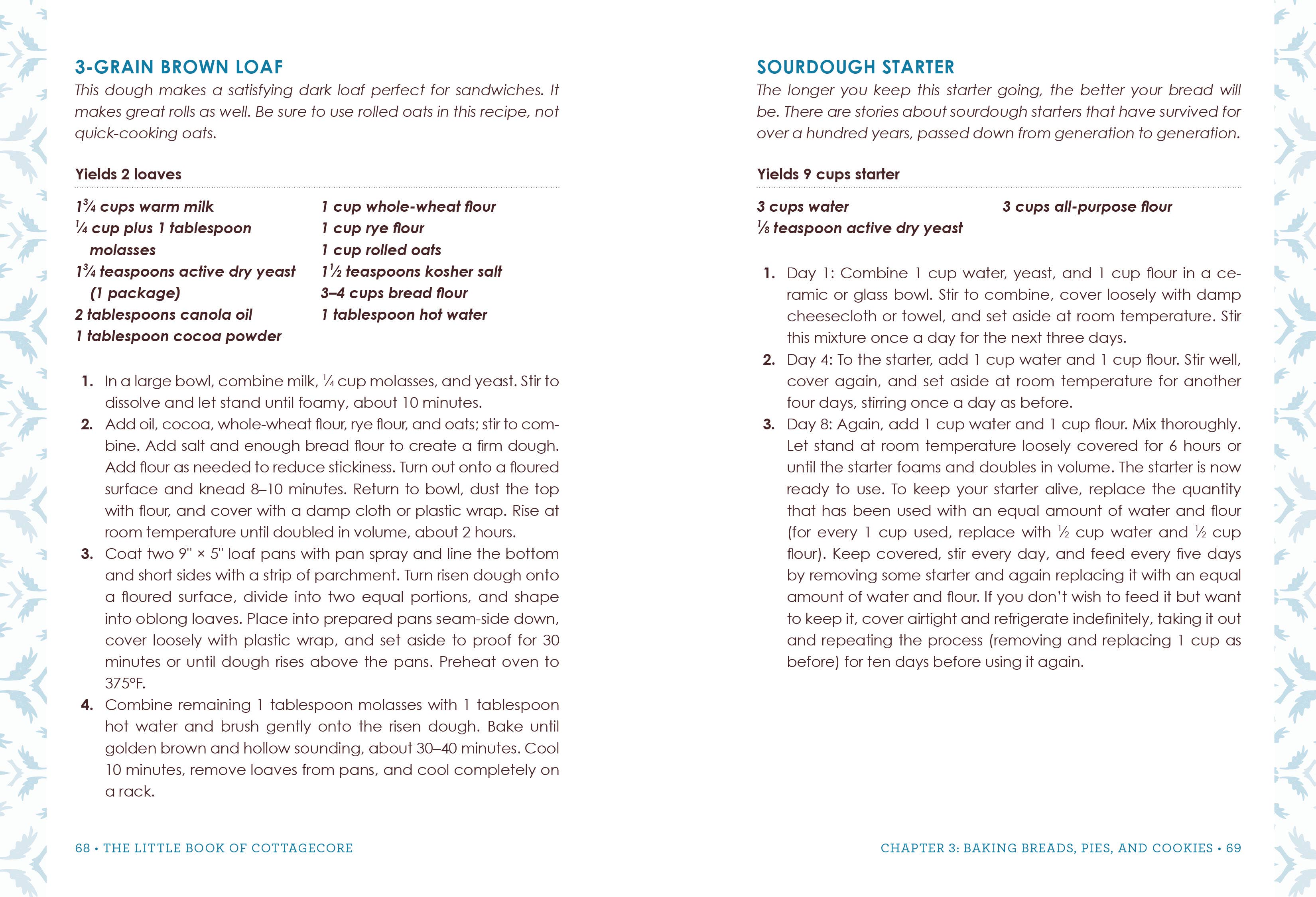 Baking recipe card for sourdough starter and 3-grain brown loaf on a white background