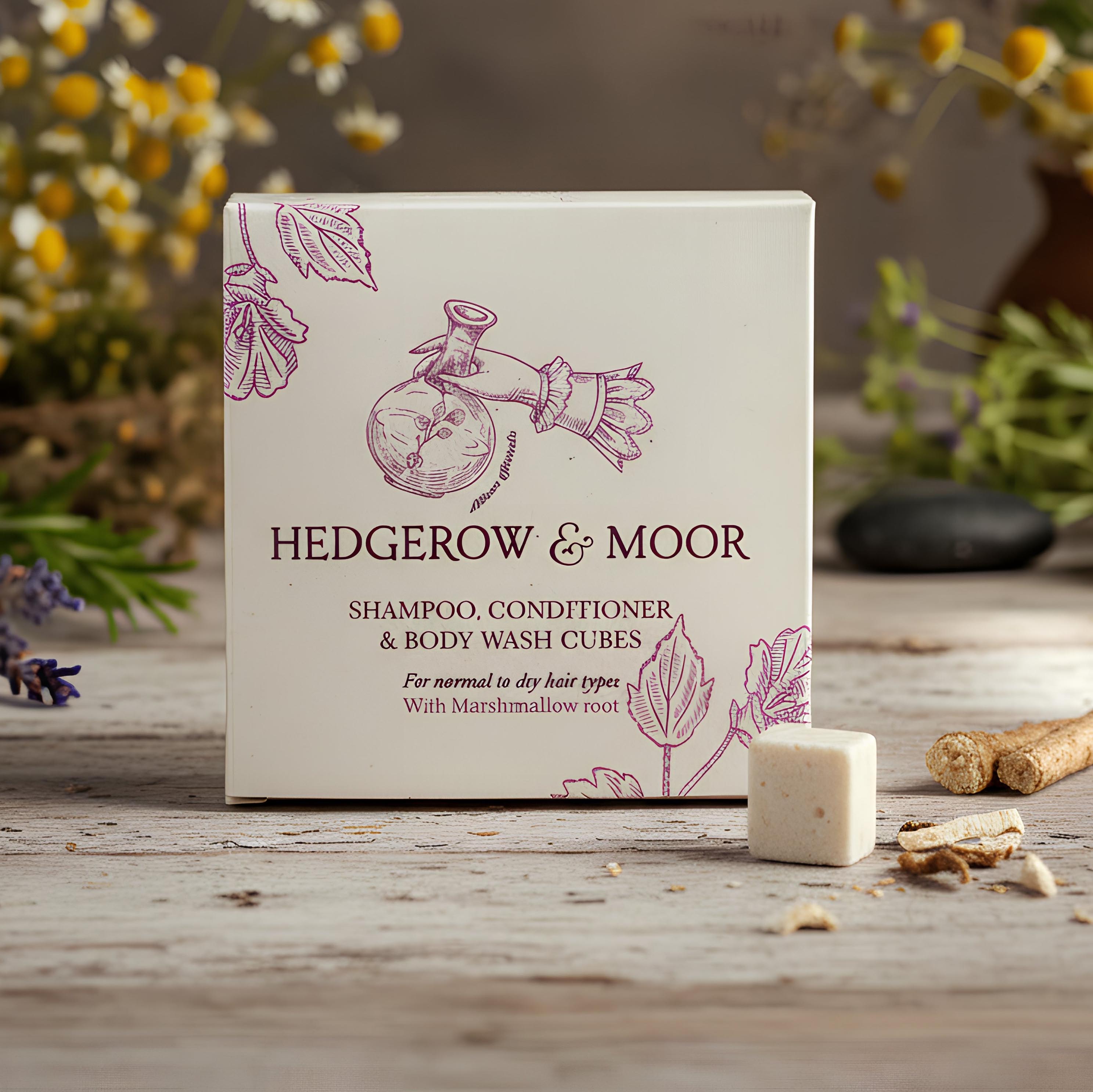 Box of Hedgerow & Moor shampoo, conditioner, and body wash cubes on a wooden surface with natural elements in the background.