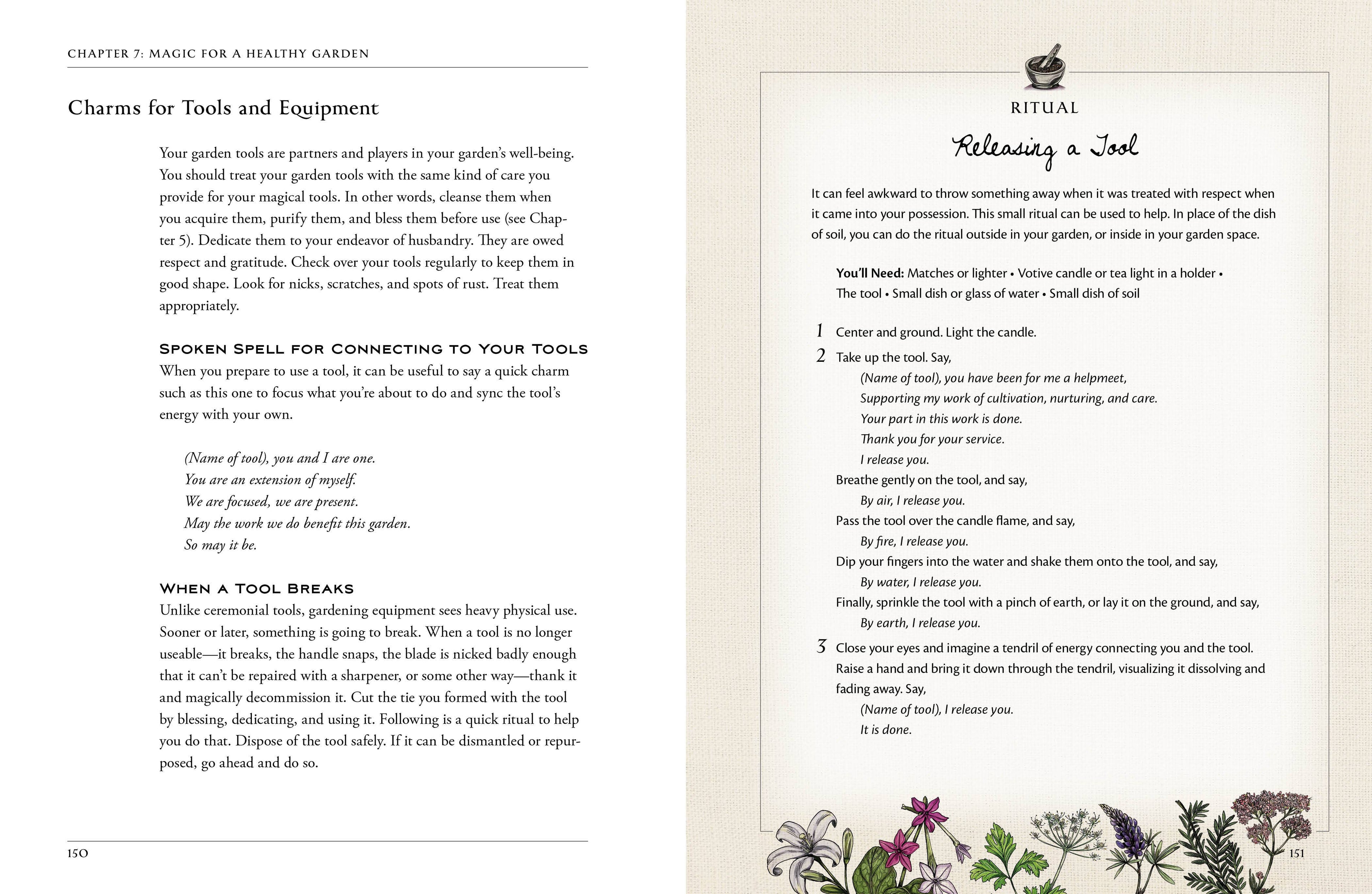 Page from a book or manual with text and illustrations on tools and equipment, featuring a ritual and spell.