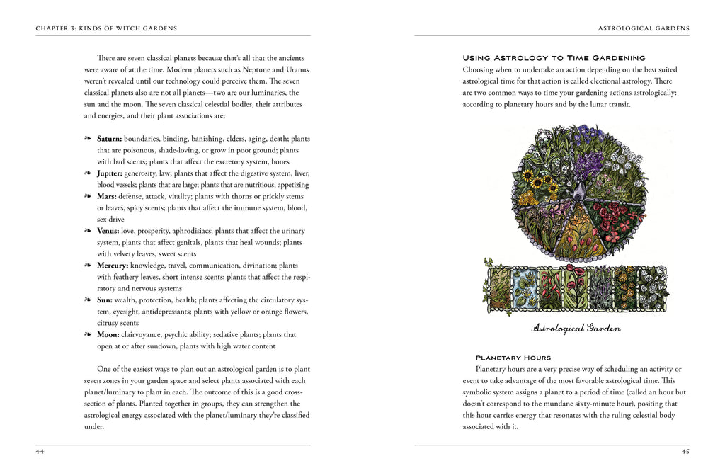 Page from a book on astrology and gardening with text and a circular diagram of plants.