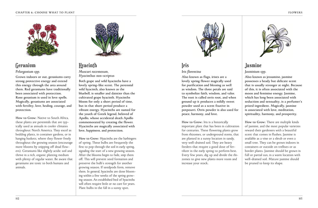 Book page with illustrations of flowers and their names