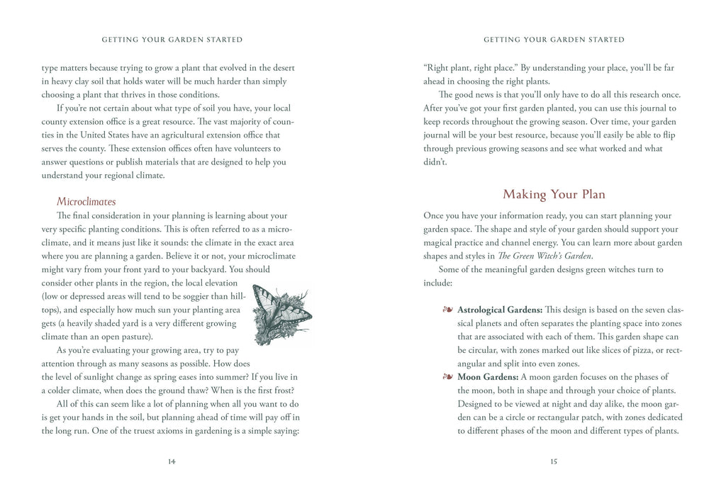 Book page with gardening text and a butterfly illustration on a white background
