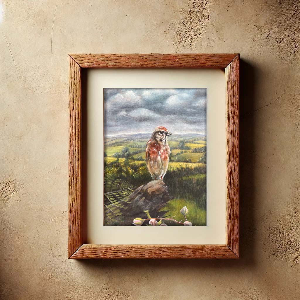 Art print of a linnet bird in the Cornish countryside in a rustic wooden frame