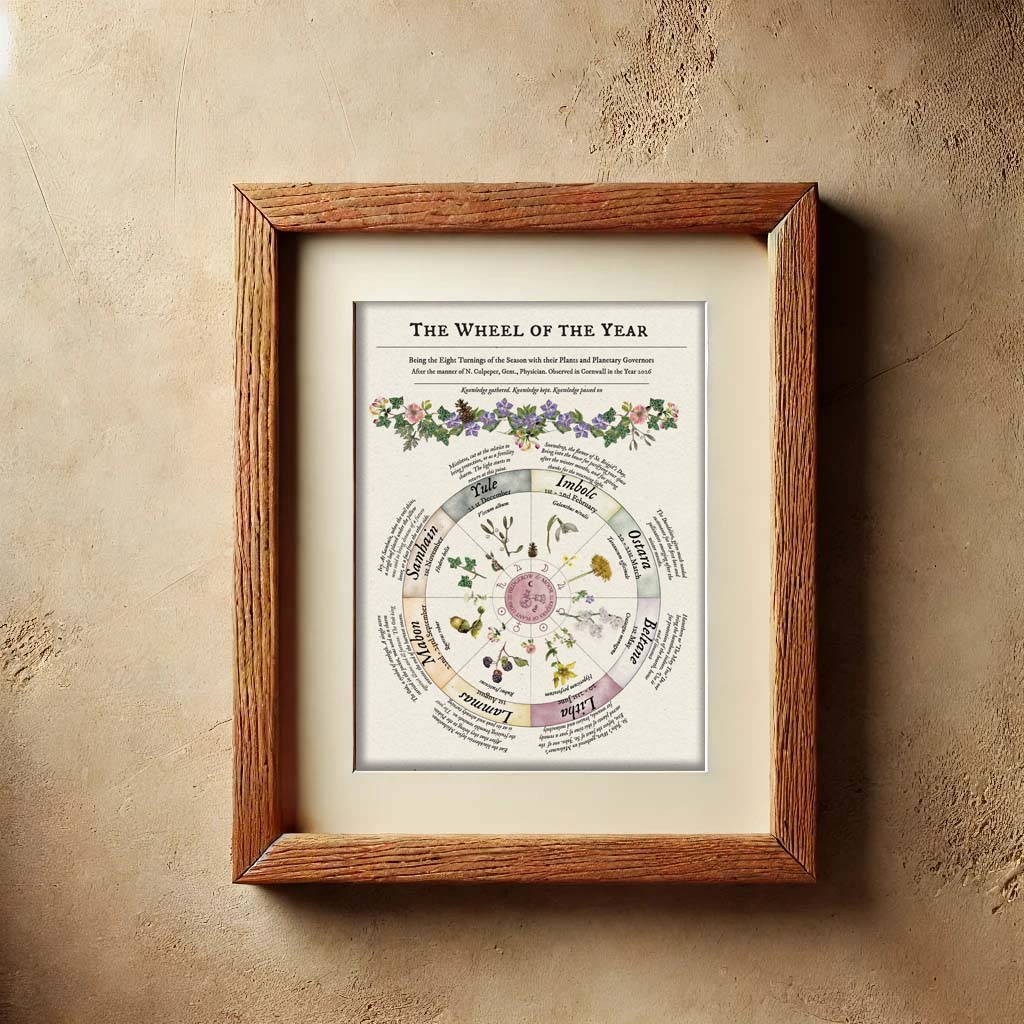 A framed art print titled 'The Wheel of the Year' hangs on a textured beige plaster wall. The print features a detailed seasonal wheel with illustrations of herbs and flowers, enclosed in a cream mat and a warm brown wooden frame.
