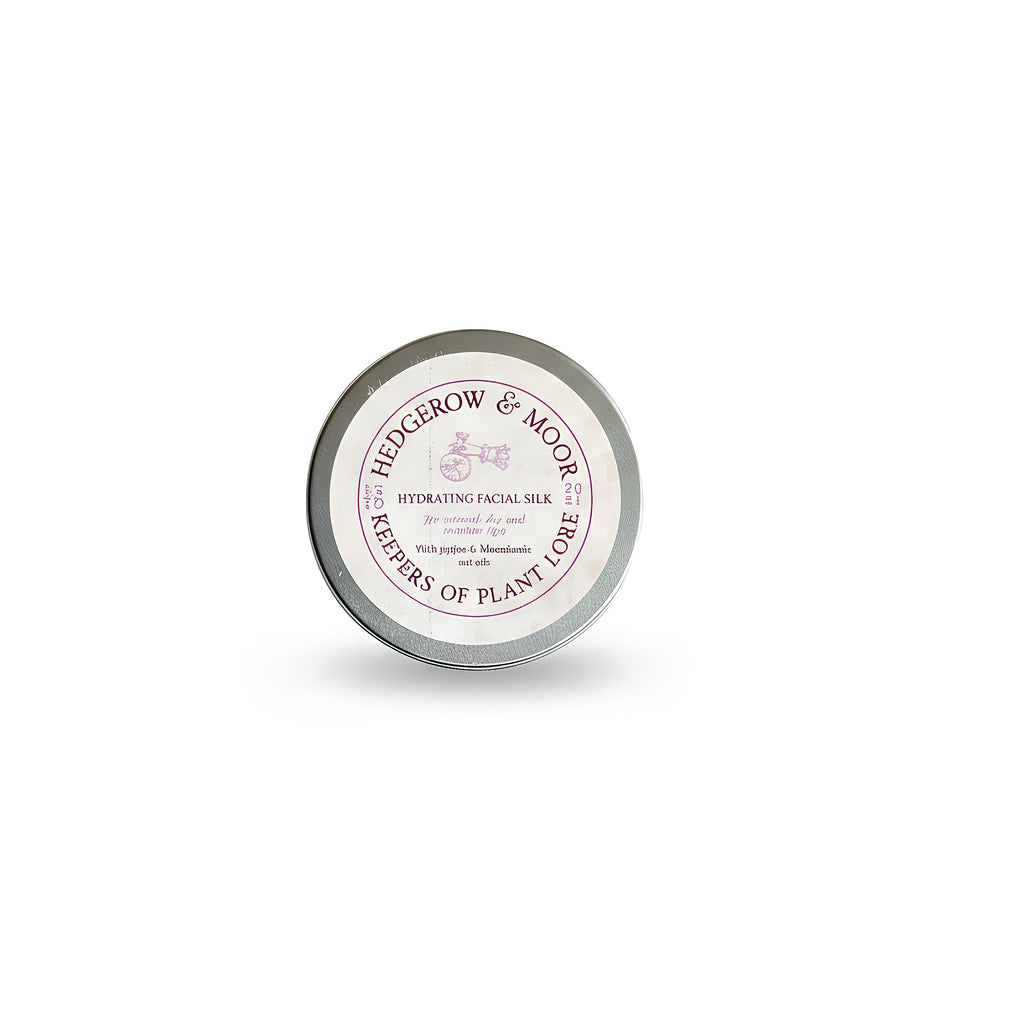 Hedgerow and Moor Facial silk product in a round tin with a white background