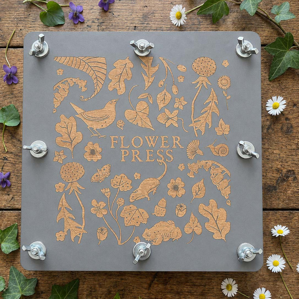 Grey, hand made, painted wooden flower press by Hedgerow and Moor