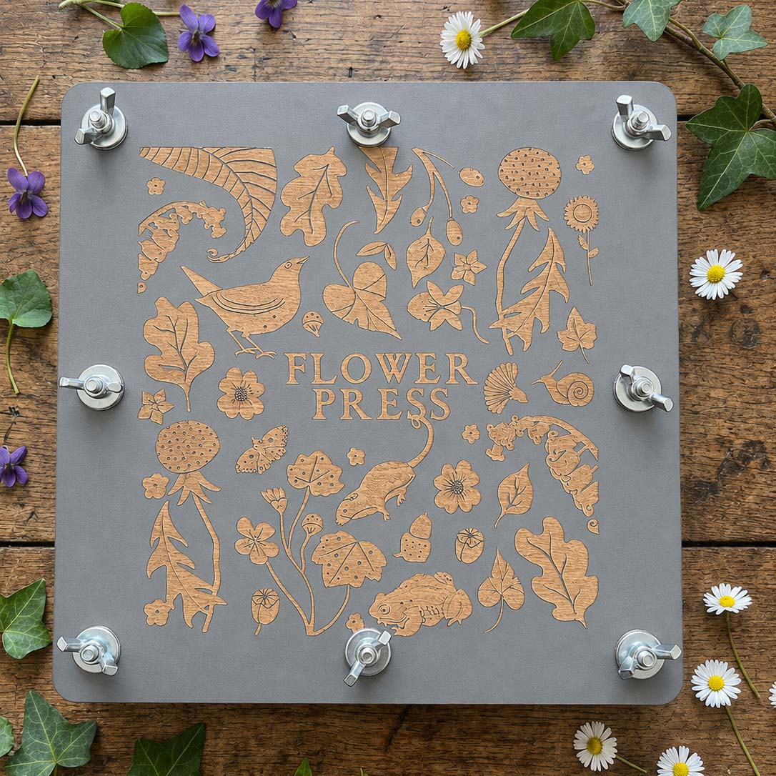 Grey, hand made, painted wooden flower press by Hedgerow and Moor