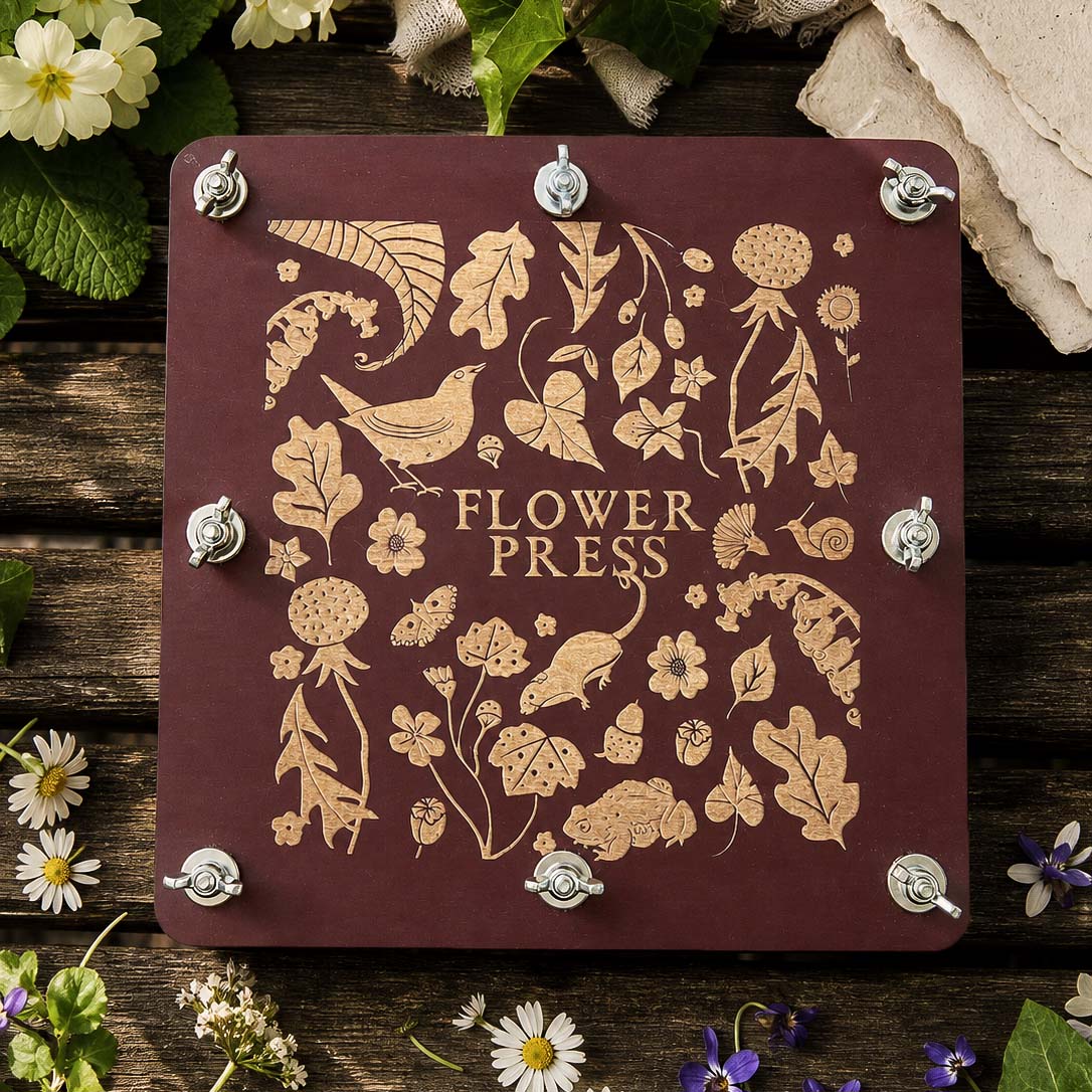 Handmade Hedgerow and Moor Flower press with floral designs on a wooden surface with flowers and leaves.