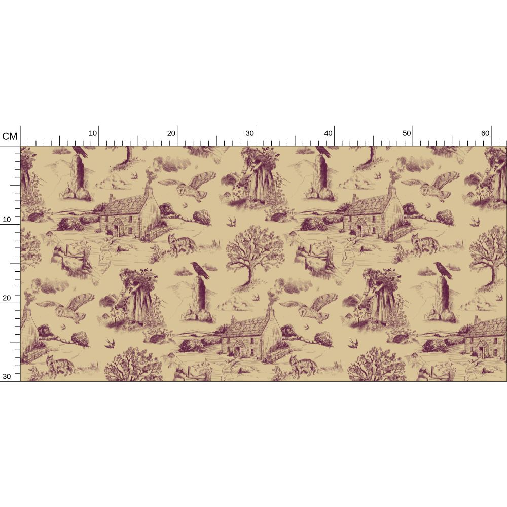 A repeating toile-style pattern on a beige background, printed in a muted mauve-purple hue. The design features rural scenes from the Cornish countryside with trees, cottages, animals, and birds.