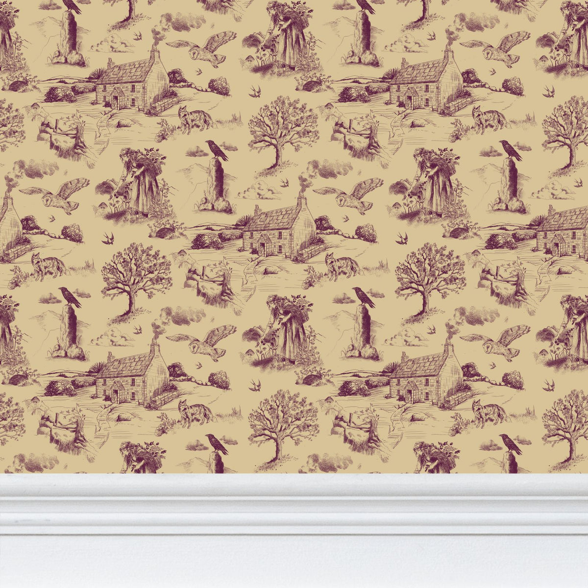 A repeating toile-style wallpaper pattern in muted plum purple on a warm beige background, shown above a white baseboard. The print features Cornish countryside motifs including trees, cottages, birds, and animals.