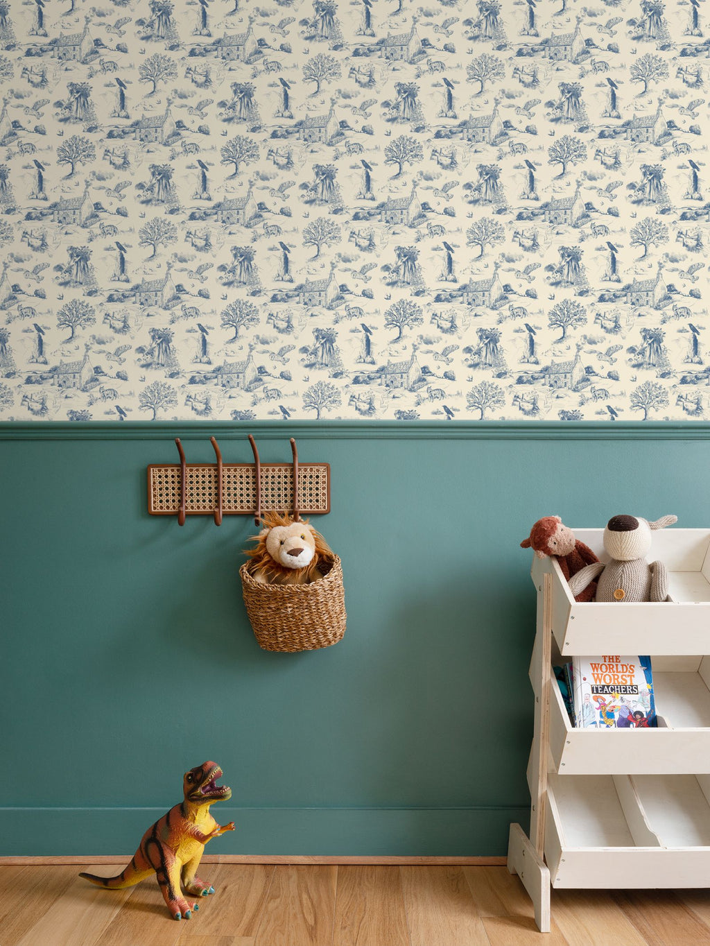Traditional blue and warm ivory Cornish toile wallpaper with a stone farmhouse, fox, barn owl, ravens, swallows, trees and detailed moorland scenes.