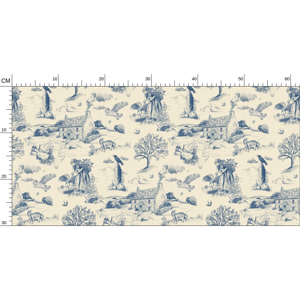 A repeating blue toile-style pattern on a warm off-white background, shown as a fabric or wallpaper swatch with centimeter measurement markings along the top and left edges.