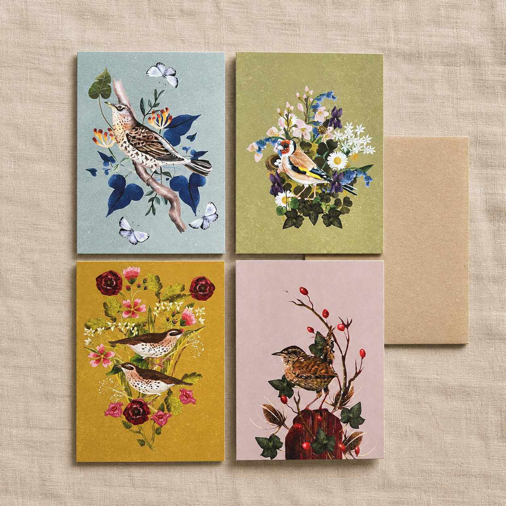British Bird Greeting Cards — Set of 4 with Kraft Envelopes & Velvet Ribbon
