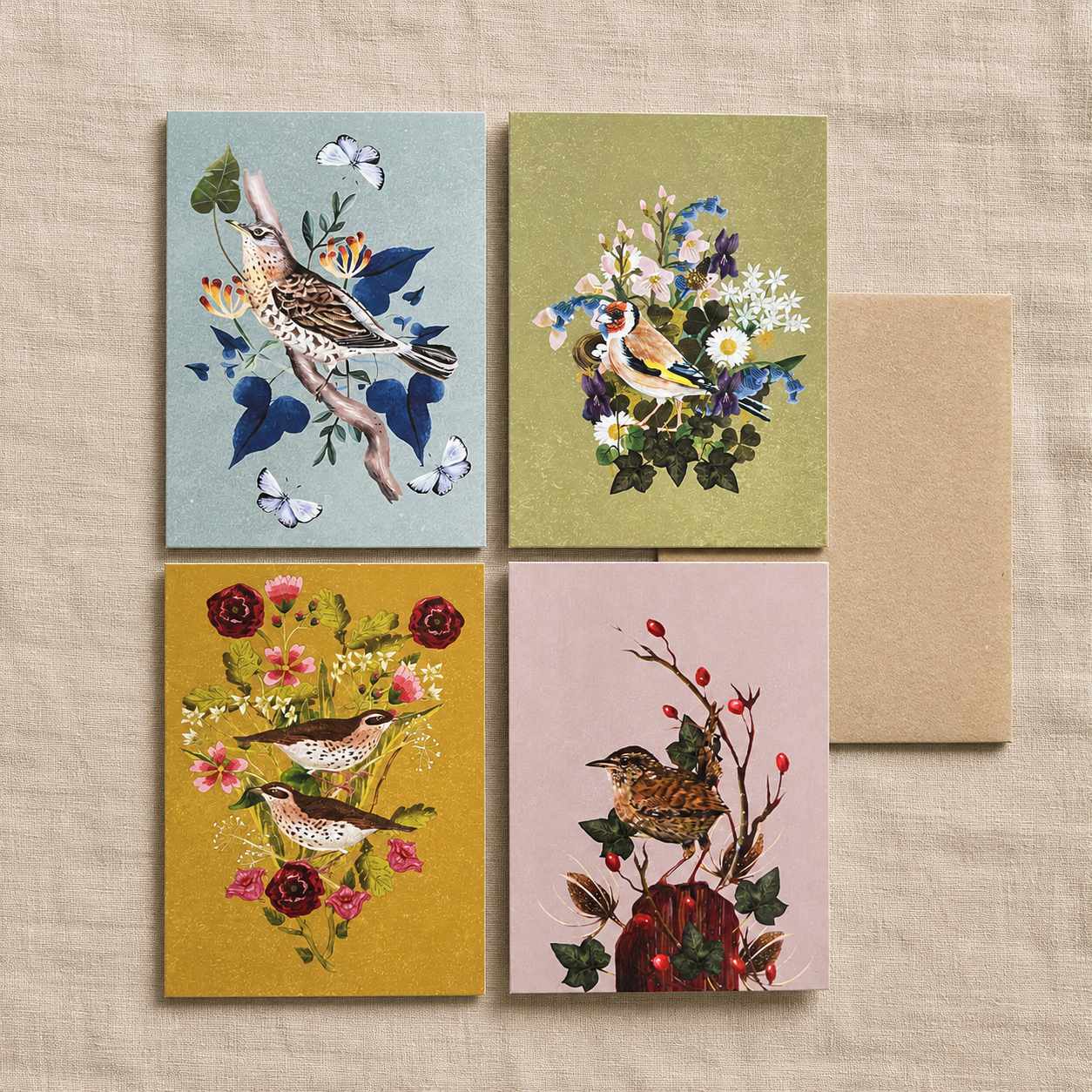 British Bird Greeting Cards — Set of 4 with Kraft Envelopes & Velvet Ribbon