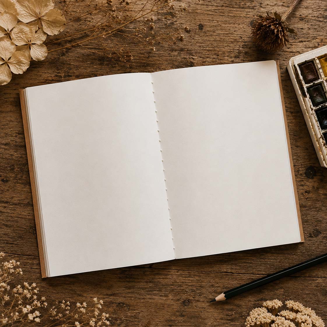 Open notebook on a wooden surface with flowers and a pencil