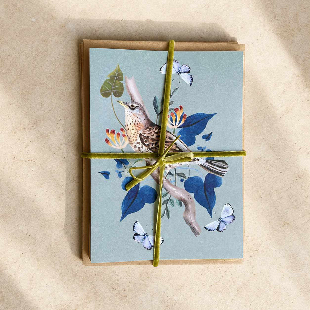 British Bird Greeting Cards — Set of 4 with Kraft Envelopes & Velvet Ribbon