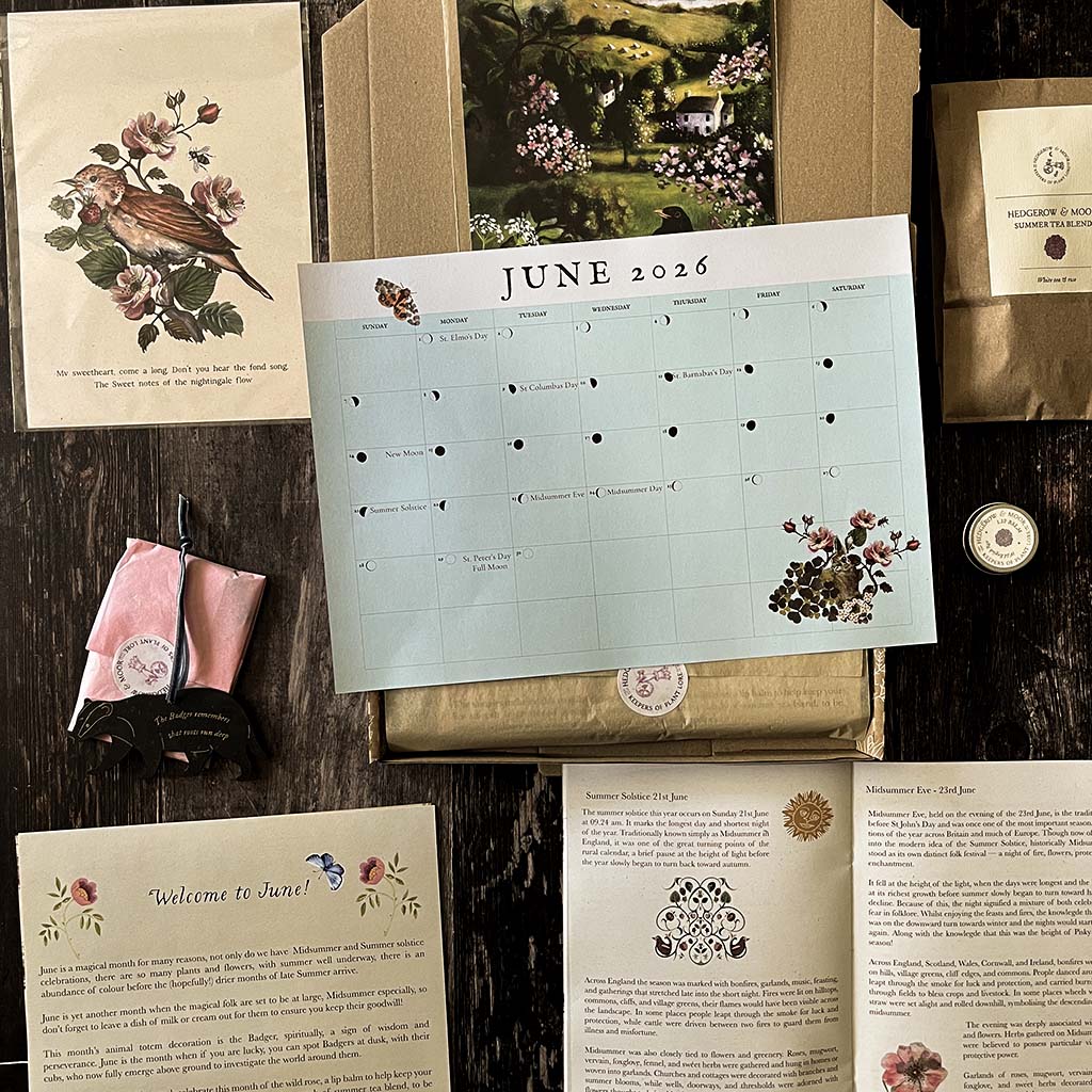 Almanac Box June — Midsummer folklore, original art prints, botanical tea and rose lip balm — Cornish seasonal gift box