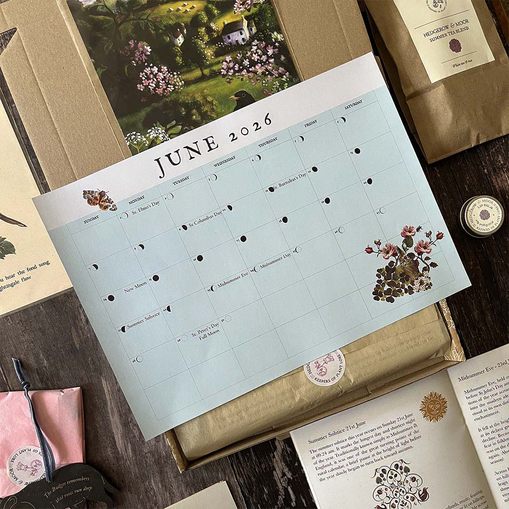 Almanac Box June — Midsummer folklore, original art prints, botanical tea and rose lip balm — Cornish seasonal gift box