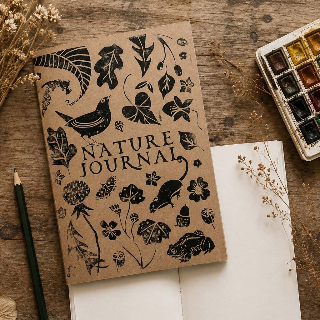 Nature Journal with botanical illustrations on a wooden surface with dried plants and watercolors.