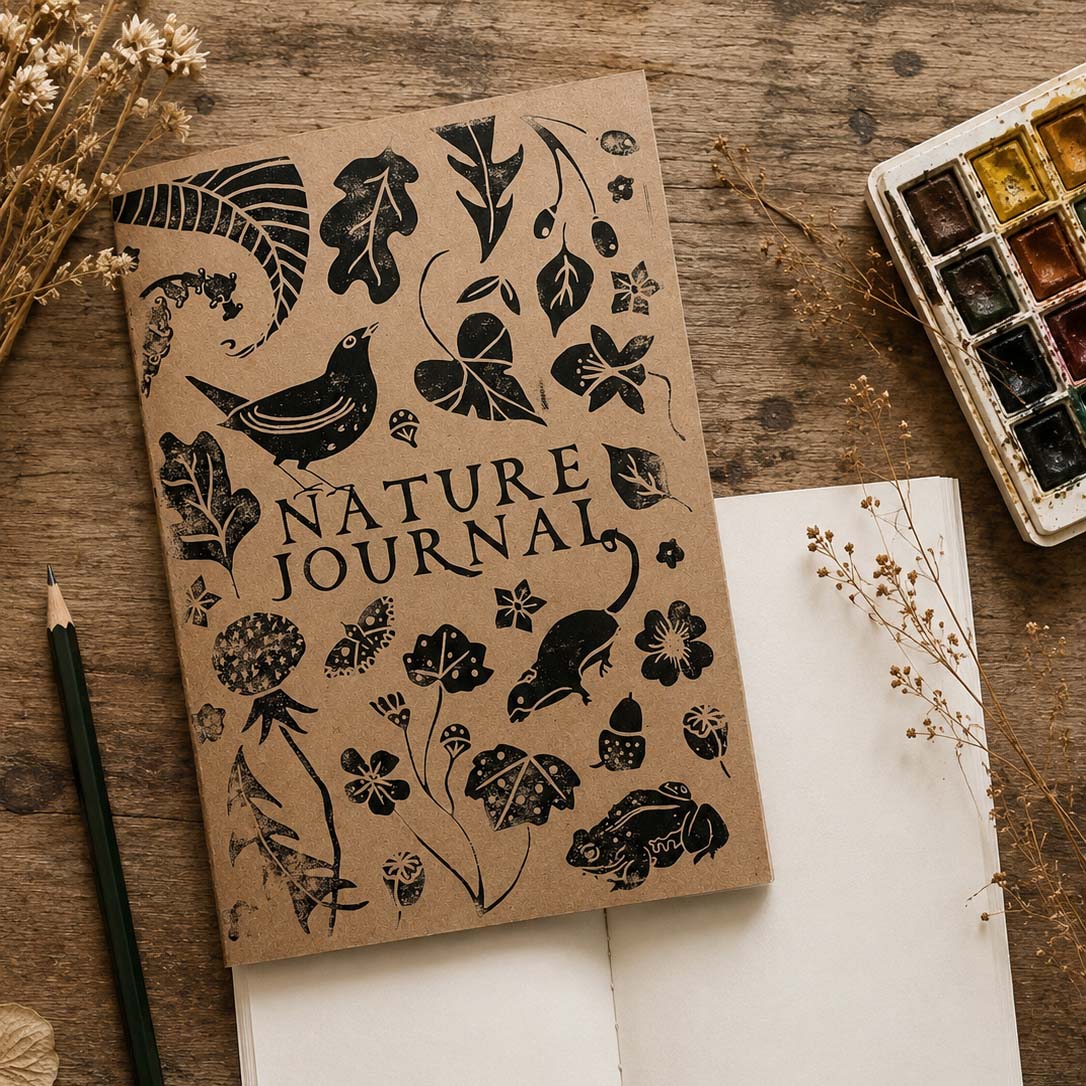 Nature Journal with botanical illustrations on a wooden surface with dried plants and watercolors.