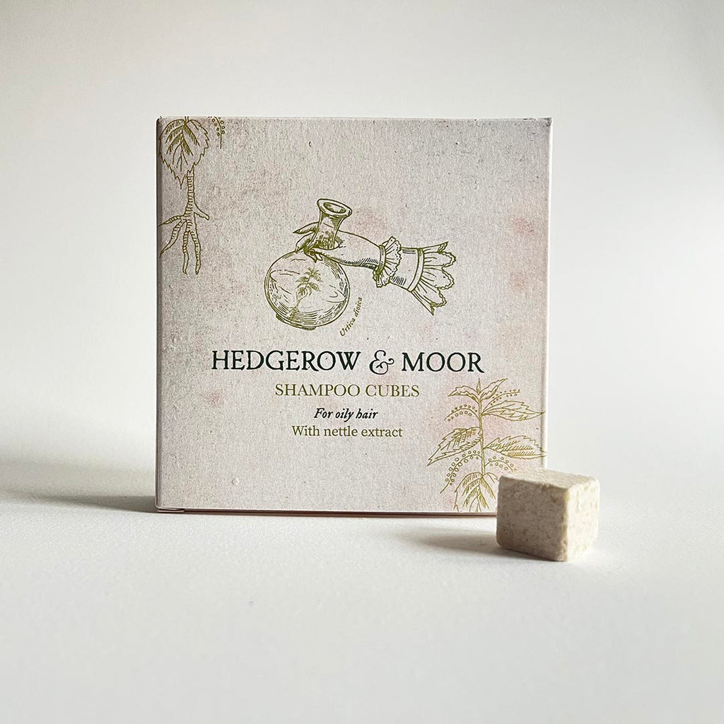 Hedgerow & Moor plastic free shampoo cubes for oily hair packaging on a white background