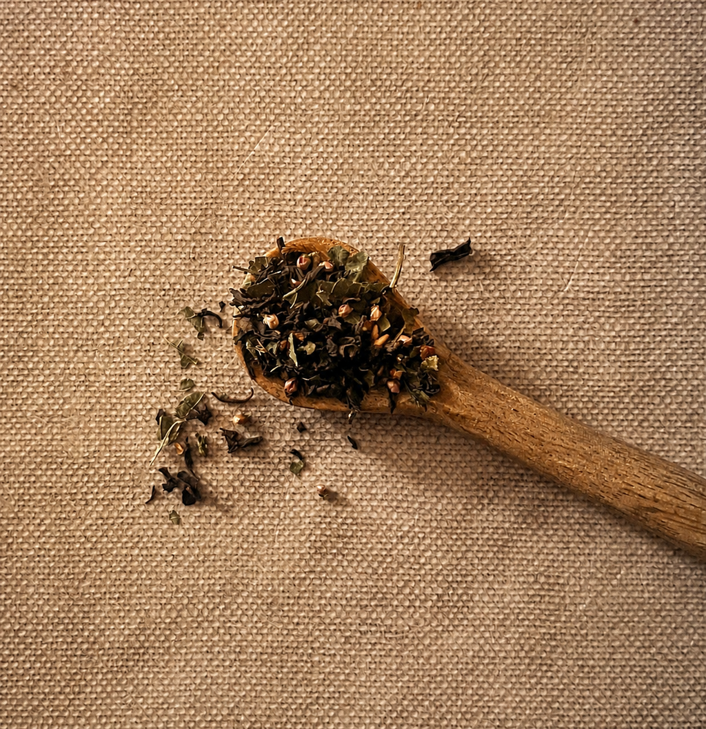 Dried loose-leaf autumn tea in a wooden spoon on a textured beige linen background.