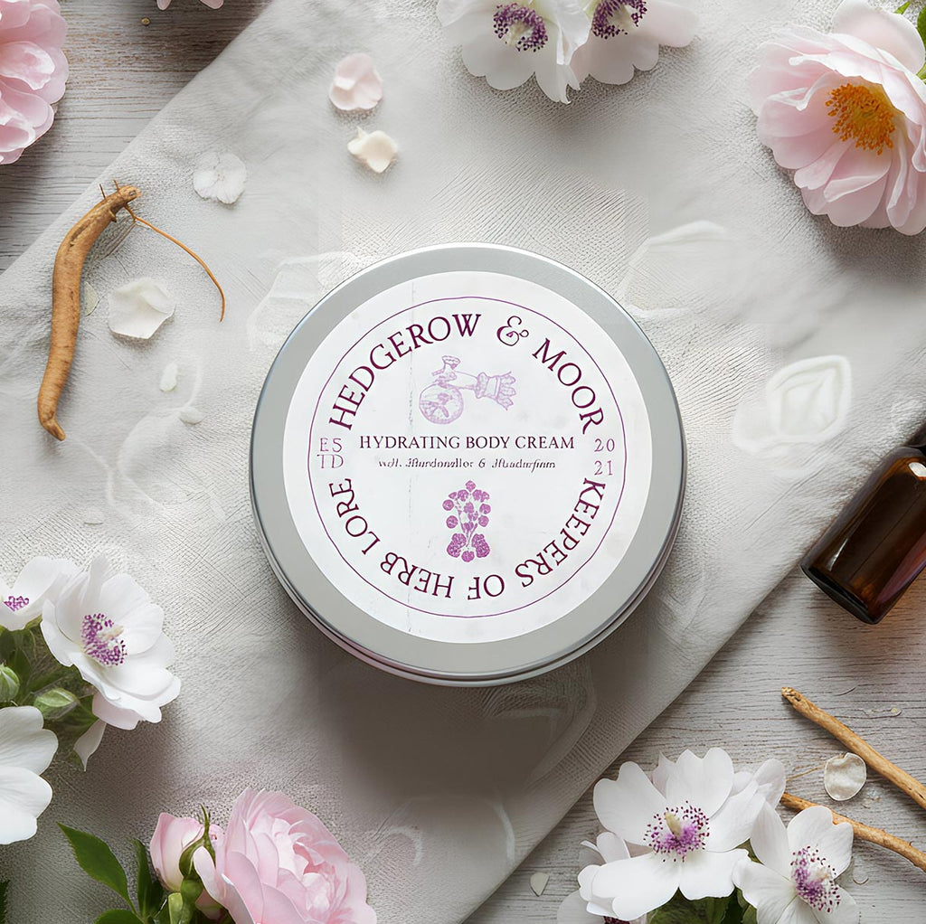Hedgerow & Moor hydrating body cream tin surrounded by flowers on a textured surface