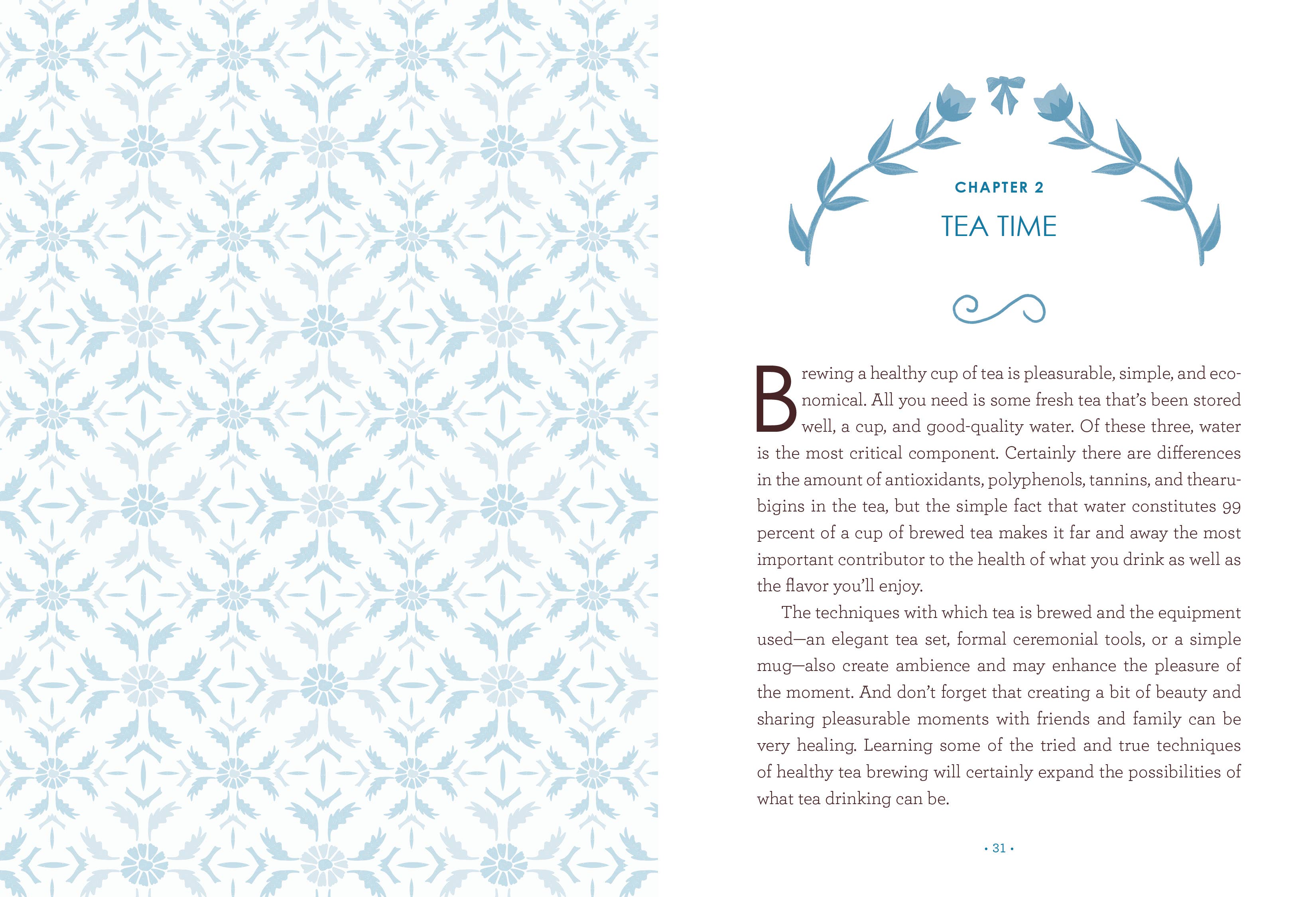 Book page with tea time chapter title and decorative text on a patterned background