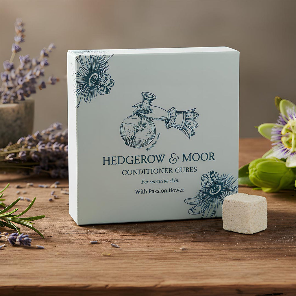 Box of Hedgerow & Moor conditioner cubes on a wooden surface with flowers in the background