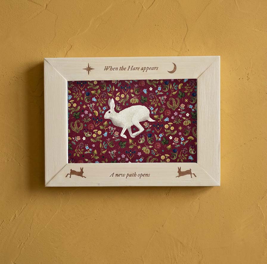 White Hare Framed Folklore Print – Hand Painted Bamboo Frame