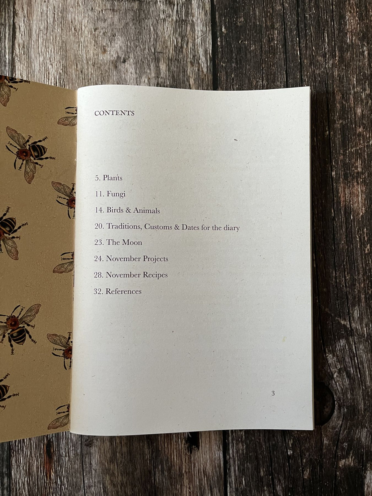 November Almanac contents page listing plants, fungi, birds and animals, traditions, the Moon, projects, recipes and references.