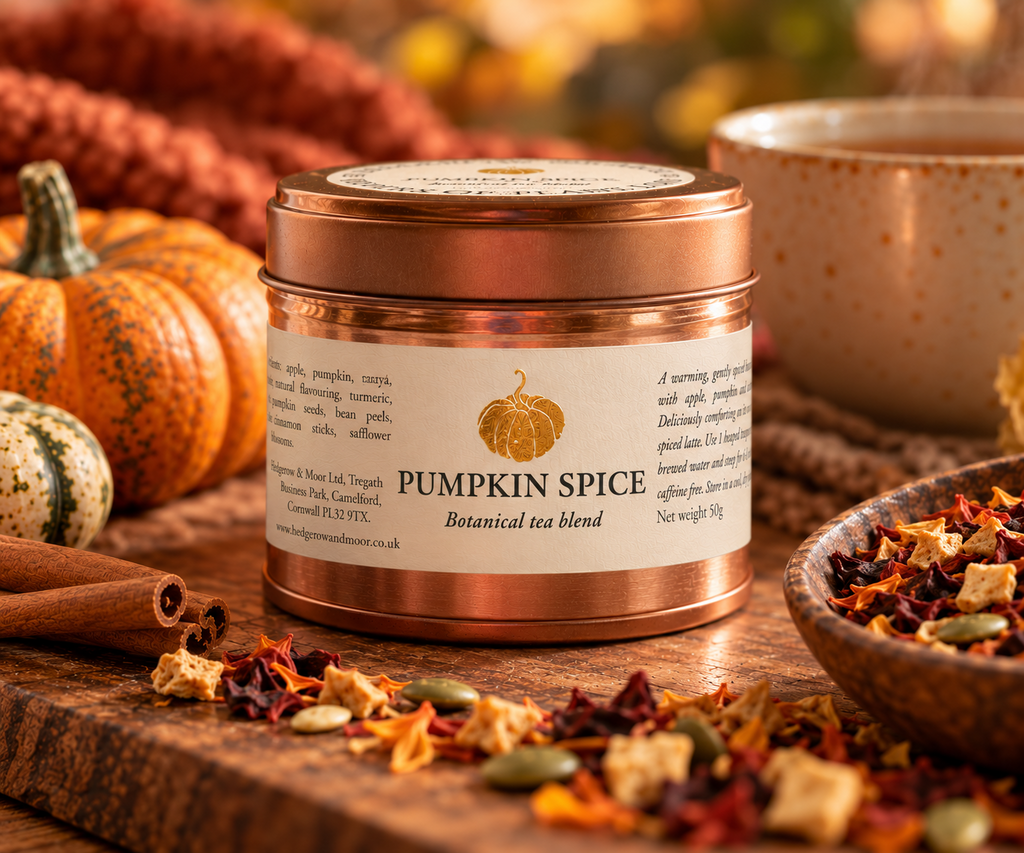 Hedgerow & Moor Pumpkin Spice caffeine-free botanical tea blend in a rose gold 50g tin
