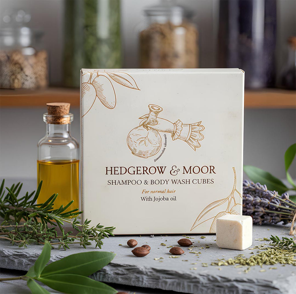 Hedgerow & Moor shampoo and body wash cubes for normal hair packaging with a bottle of oil on a rustic background.