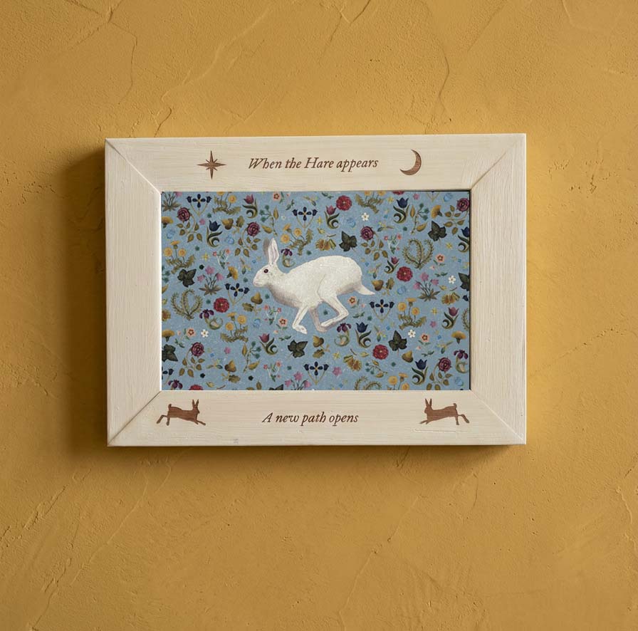 White Hare Framed Folklore Print – Hand Painted Bamboo Frame