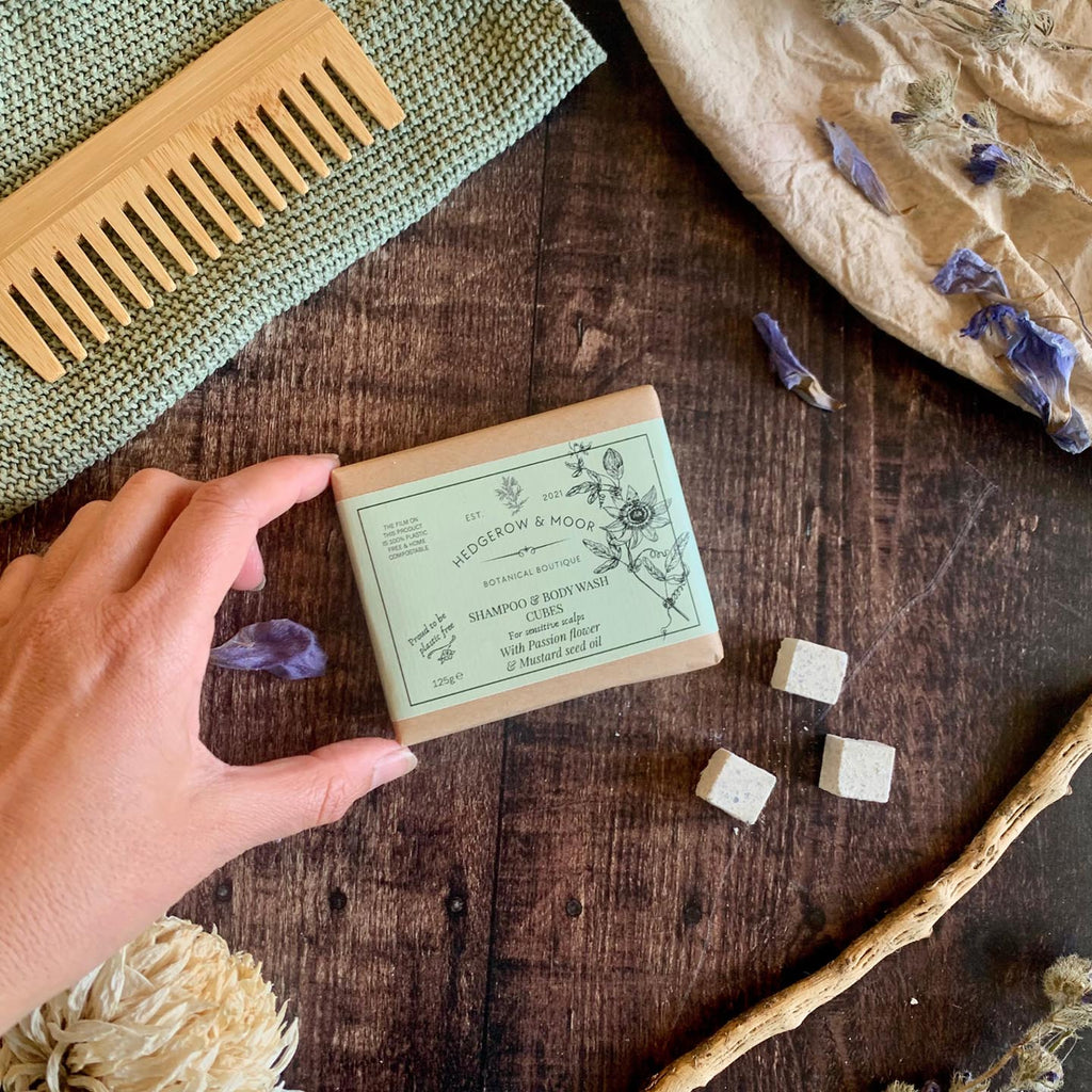 Hedgerow & Moor Sensitive Scalp Shampoo Cubes — fragrance-free plastic-free shampoo with passionflower, mustard seed & chickweed, handmade in Cornwall.