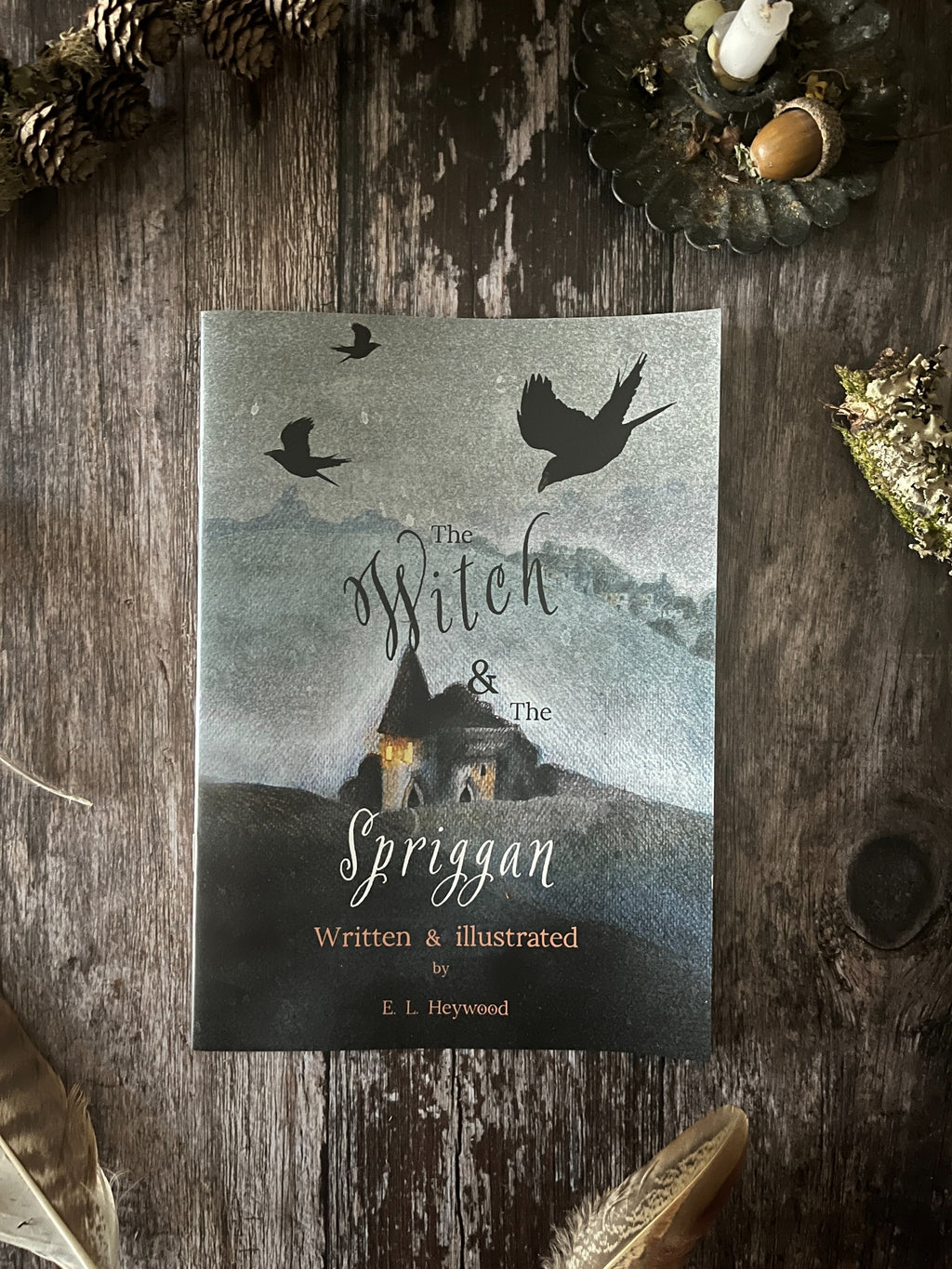 Front cover of The Witch & The Spriggan by E. L. Heywood, showing flying birds and a building on a dark hillside.