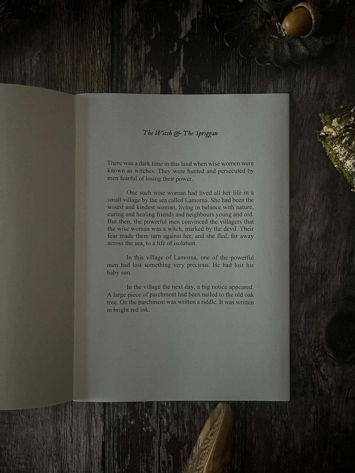 Opening page of The Witch & The Spriggan, introducing a wise woman from Lamorna, a missing child and a riddle.